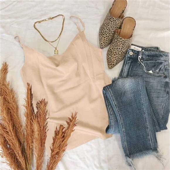 Satin Cowl Neck Camisole – Adjustable Spaghetti Straps, Sleeveless Silk Tank Top - Picture 3 of 4